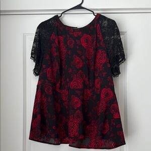 Torrid Black and Red Flutter Sleeve Blouse with Peter Pan Collar
